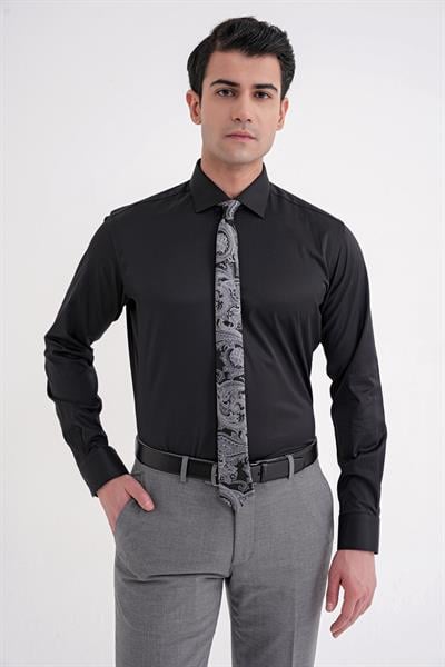 Slim Fit Kravat Yaka Esnek Pamuklu Siyah Gömlek GK 752