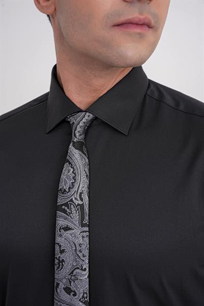 Slim Fit Kravat Yaka Esnek Pamuklu Siyah Gömlek GK 752
