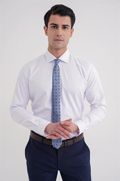 Slim Fit Kravat Yaka Esnek Pamuklu Beyaz Gömlek GK 753