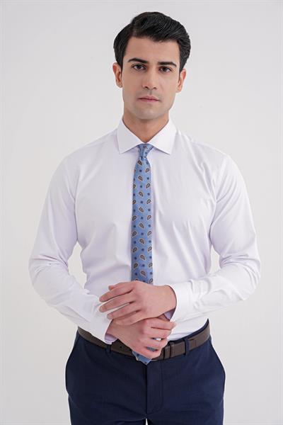 Slim Fit Kravat Yaka Esnek Pamuklu Beyaz Gömlek GK 753