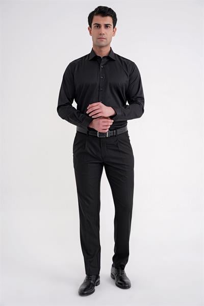 Slim Fit Kravat Yaka Esnek Pamuklu Siyah Gömlek GK 753