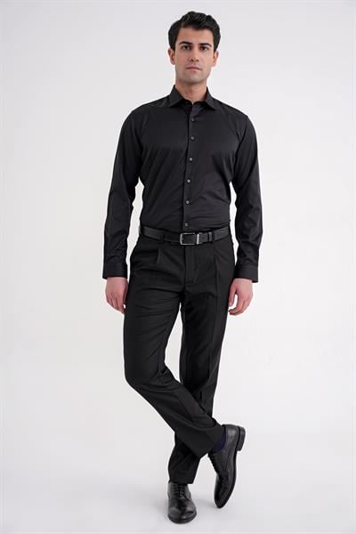 Slim Fit Kravat Yaka Esnek Pamuklu Siyah Gömlek GK 753