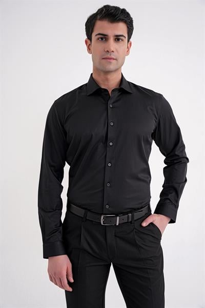 Slim Fit Kravat Yaka Esnek Pamuklu Siyah Gömlek GK 753