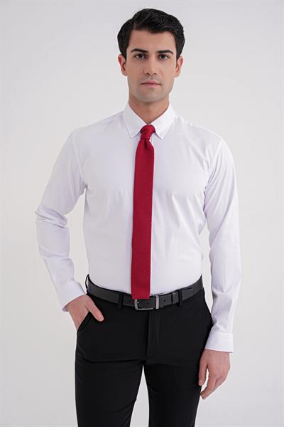 Slim Fit Düğme Yakalı Esnek Pamuk Beyaz Gömlek GK 754