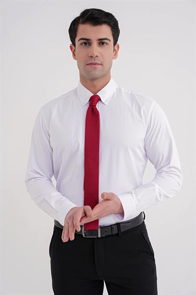 Slim Fit Düğme Yakalı Esnek Pamuk Beyaz Gömlek GK 754