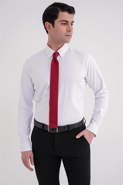 Slim Fit Düğme Yakalı Esnek Pamuk Beyaz Gömlek GK 754