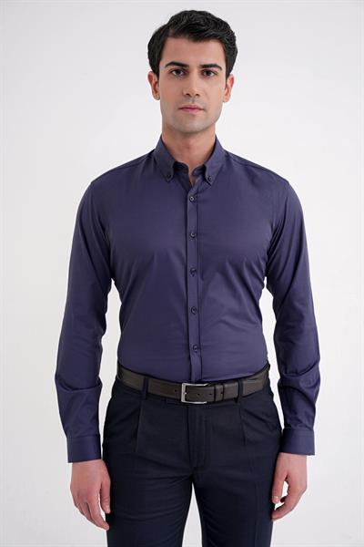 Slim Fit Düğme Yakalı Esnek Pamuk Lacivert Gömlek GK 754