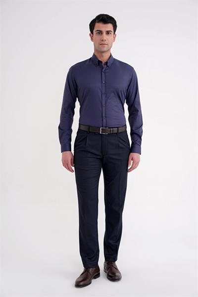 Slim Fit Düğme Yakalı Esnek Pamuk Lacivert Gömlek GK 754