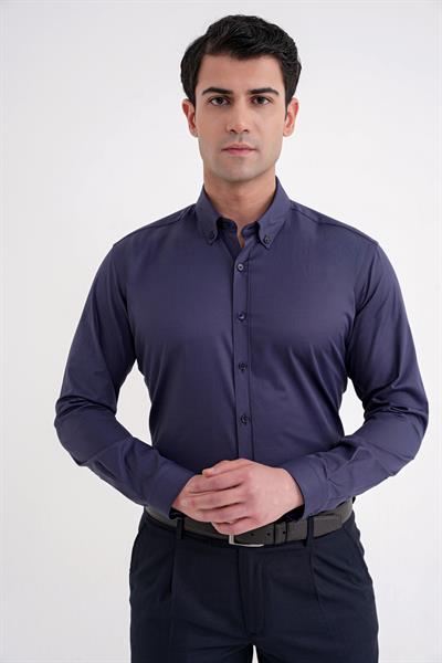 Slim Fit Düğme Yakalı Esnek Pamuk Lacivert Gömlek GK 754