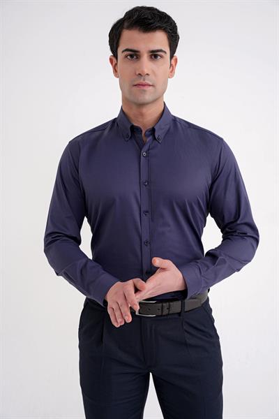 Slim Fit Düğme Yakalı Esnek Pamuk Lacivert Gömlek GK 754