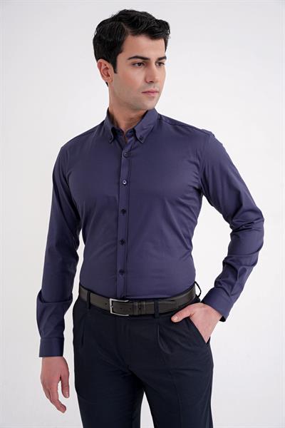 Slim Fit Düğme Yakalı Esnek Pamuk Lacivert Gömlek GK 754