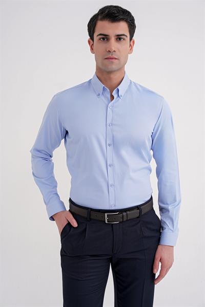 Slim Fit Düğme Yakalı Esnek Pamuk Mavi Gömlek GK 754