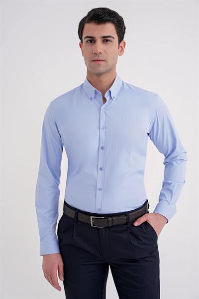 Slim Fit Düğme Yakalı Esnek Pamuk Mavi Gömlek GK 754