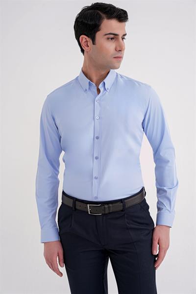 Slim Fit Düğme Yakalı Esnek Pamuk Mavi Gömlek GK 754