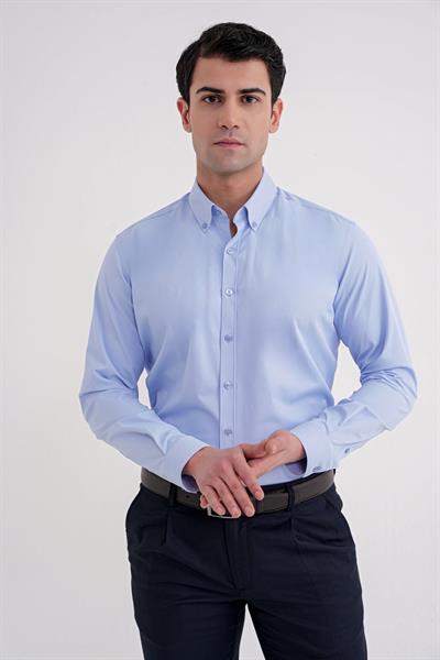 Slim Fit Düğme Yakalı Esnek Pamuk Mavi Gömlek GK 754