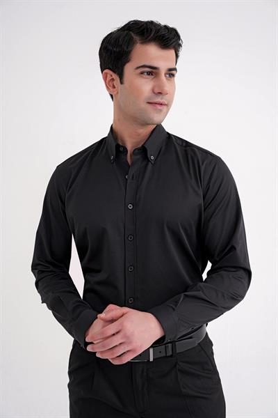 Slim Fit Düğme Yakalı Esnek Pamuk Siyah Gömlek GK 754