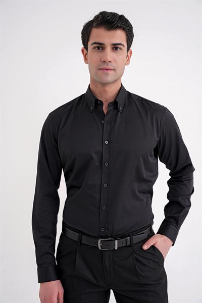 Slim Fit Düğme Yakalı Esnek Pamuk Siyah Gömlek GK 754