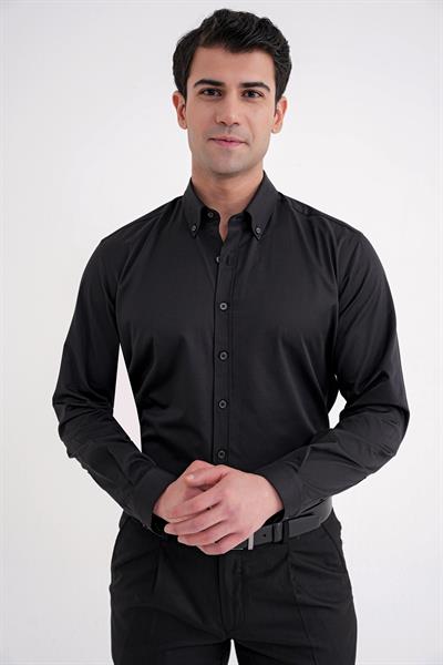 Slim Fit Düğme Yakalı Esnek Pamuk Siyah Gömlek GK 754