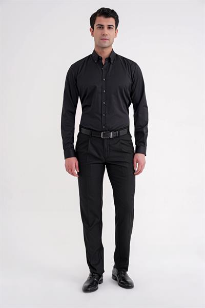 Slim Fit Düğme Yakalı Esnek Pamuk Siyah Gömlek GK 754