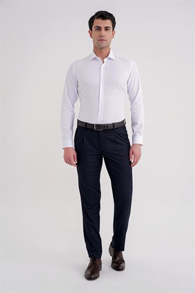 Slim Fit Kravat Yaka Doku Desenli Beyaz Gömlek GK 755