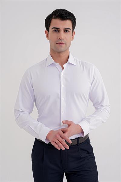 Slim Fit Kravat Yaka Doku Desenli Beyaz Gömlek GK 755
