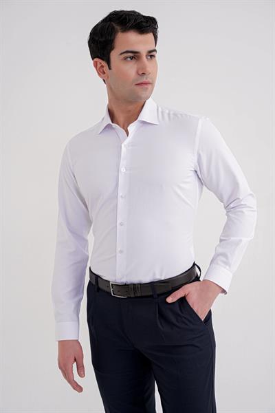 Slim Fit Kravat Yaka Doku Desenli Beyaz Gömlek GK 755