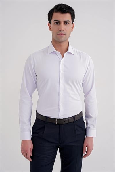 Slim Fit Kravat Yaka Doku Desenli Beyaz Gömlek GK 755
