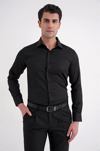 Slim Fit Erkek Yaka Pamuklu Düz Siyah Gömlek GK 756