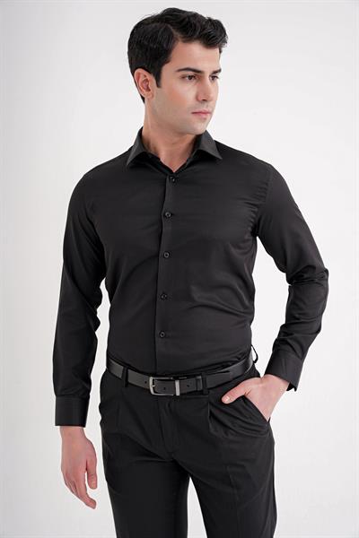 Slim Fit Erkek Yaka Pamuklu Düz Siyah Gömlek GK 756