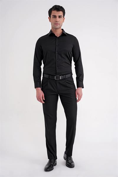 Slim Fit Erkek Yaka Pamuklu Düz Siyah Gömlek GK 756