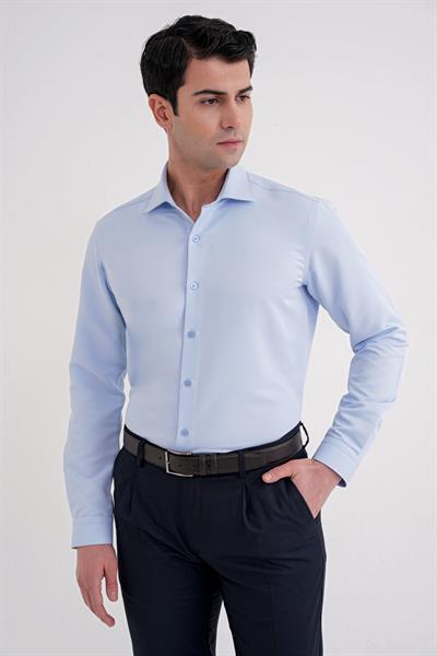 Slim Fit İtalyan Yaka %100 Pamuk Saten Düz Mavi Gömlek GK 758