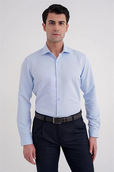 Slim Fit İtalyan Yaka %100 Pamuk Saten Düz Mavi Gömlek GK 758