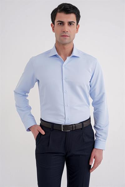 Slim Fit İtalyan Yaka %100 Pamuk Saten Düz Mavi Gömlek GK 758