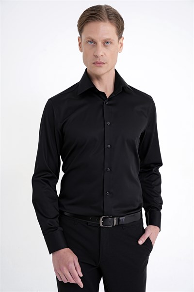 Slim Fit İtalyan Yaka %100 Pamuk Non İron Kumaş Düz Siyah Gömlek GK 759