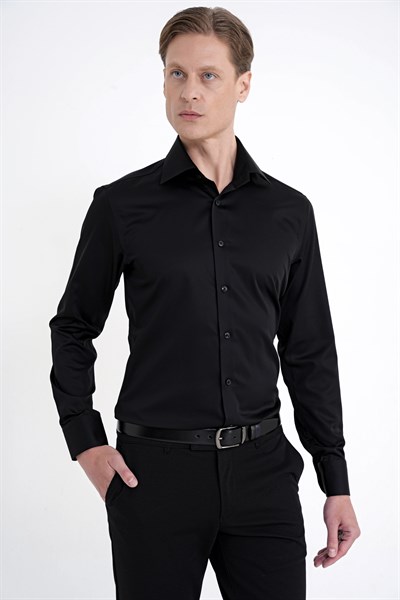 Slim Fit İtalyan Yaka %100 Pamuk Non İron Kumaş Düz Siyah Gömlek GK 759