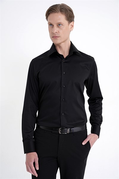 Slim Fit İtalyan Yaka %100 Pamuk Non İron Kumaş Düz Siyah Gömlek GK 759