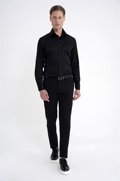 Slim Fit İtalyan Yaka %100 Pamuk Non İron Kumaş Düz Siyah Gömlek GK 759