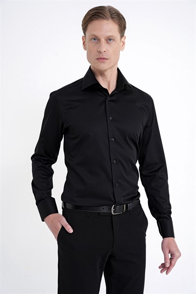 Slim Fit İtalyan Yaka %100 Pamuk Non İron Kumaş Düz Siyah Gömlek GK 759