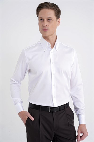 Slim Fit Düğmeli Yüksek Yaka %100 Pamuk Non İron Kumaş Düz Beyaz Gömlek GK 760