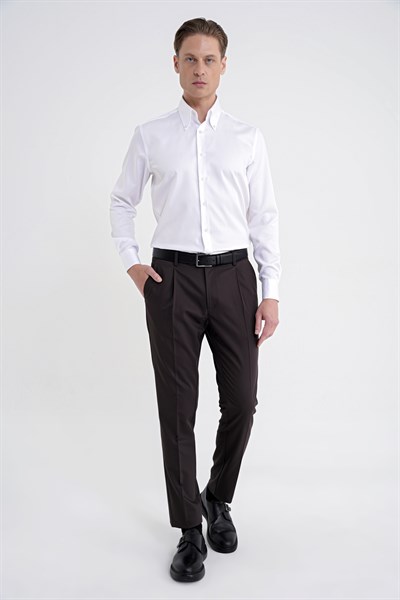 Slim Fit Düğmeli Yüksek Yaka %100 Pamuk Non İron Kumaş Düz Beyaz Gömlek GK 760