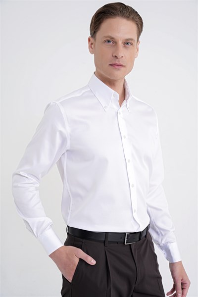 Slim Fit Düğmeli Yüksek Yaka %100 Pamuk Non İron Kumaş Düz Beyaz Gömlek GK 760