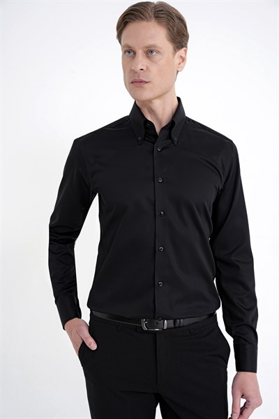 Slim Fit Düğmeli Yüksek Yaka %100 Pamuk Non İron Kumaş Düz Siyah Gömlek GK 760
