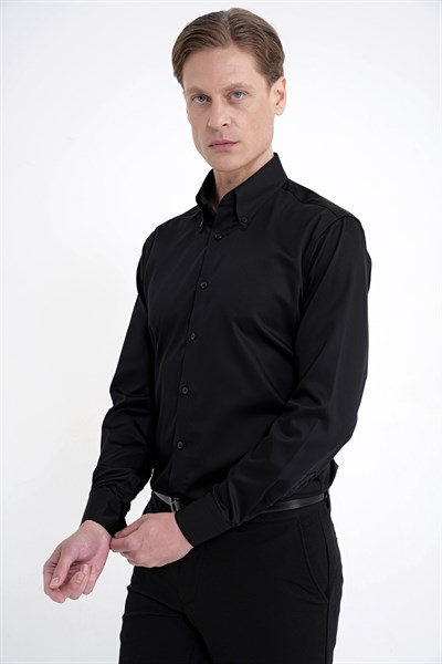 Slim Fit Düğmeli Yüksek Yaka %100 Pamuk Non İron Kumaş Düz Siyah Gömlek GK 760