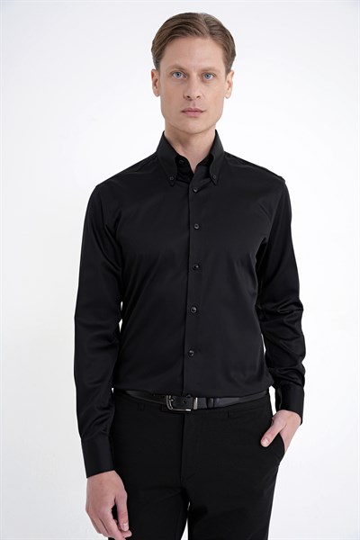 Slim Fit Düğmeli Yüksek Yaka %100 Pamuk Non İron Kumaş Düz Siyah Gömlek GK 760