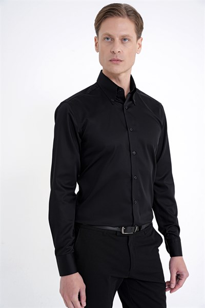 Slim Fit Düğmeli Yüksek Yaka %100 Pamuk Non İron Kumaş Düz Siyah Gömlek GK 760