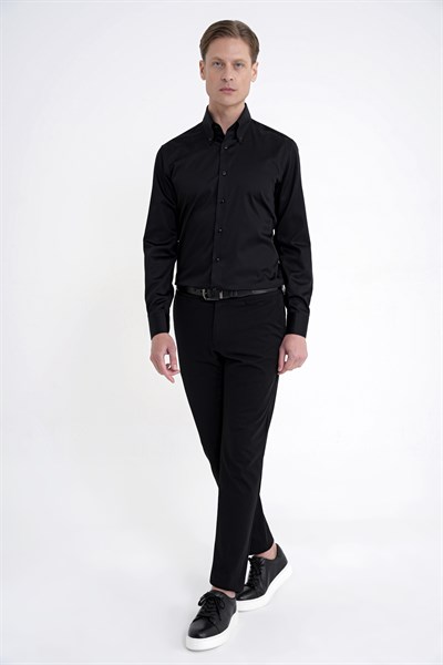 Slim Fit Düğmeli Yüksek Yaka %100 Pamuk Non İron Kumaş Düz Siyah Gömlek GK 760