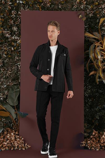 Hakim Yaka Düğme ve Fermuarlı Yan Cepli Mevsimlik Siyah Mont Ka 077