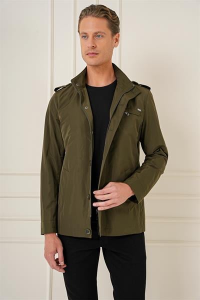 Hakim Yaka Düğme ve Fermuarlı Yan Cepli Mevsimlik Haki Mont Ka 077