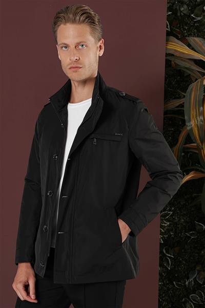 Hakim Yaka Düğme ve Fermuarlı Yan Cepli Mevsimlik Siyah Mont Ka 077