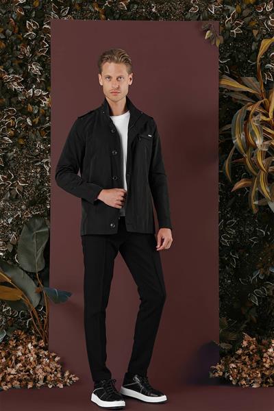 Hakim Yaka Düğme ve Fermuarlı Yan Cepli Mevsimlik Siyah Mont Ka 077